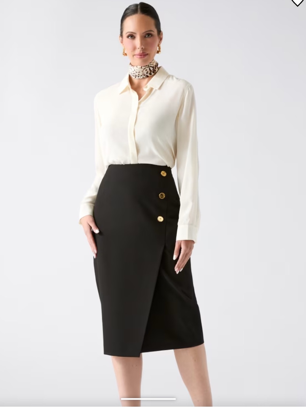 Marciano Classic Black Wrap Pencil Skirt with Gold Buttons - Size XL